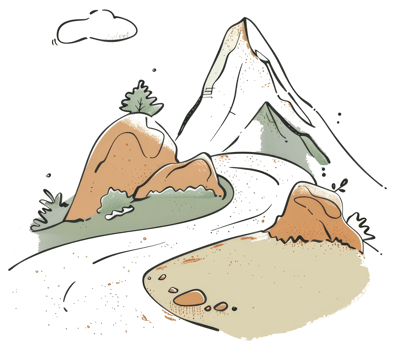 An illustrated landscape depicts mountains and winding pathways amongst nature png