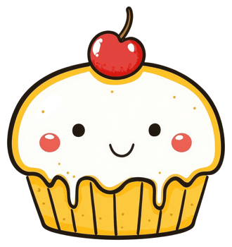 A cheerful cartoon cupcake featuring a bright red cherry on top png