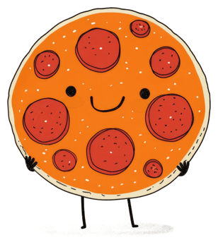 A smiling cartoon pizza with pepperoni and expressive features png