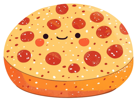 A smiling cartoon pizza topped with red pepperoni circles png