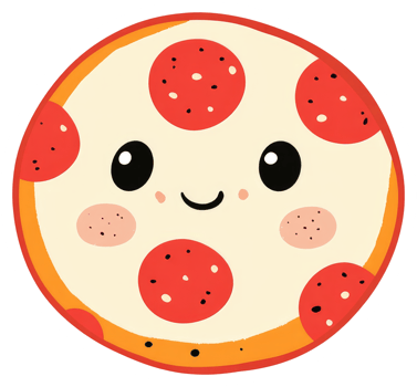 A cheerful cartoon pizza with pepperoni toppings and a smiley face png