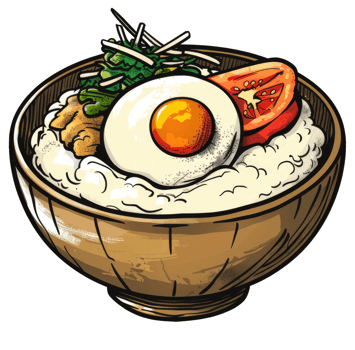 An illustrated bowl of rice topped with a fried egg and vegetables png