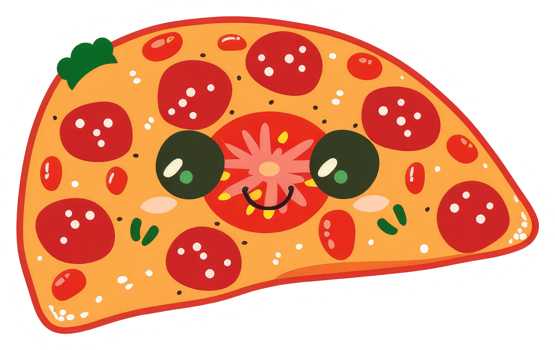 A happy cartoon pizza slice with various tasty toppings png