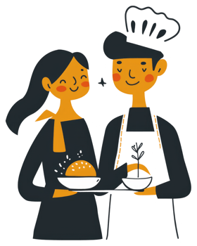 Two happy individuals serving food on trays in an illustrated image png