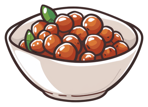 A full bowl of small brown spherical food and herbs png