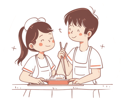 Two cartoon people are cooking and sharing a meal together png