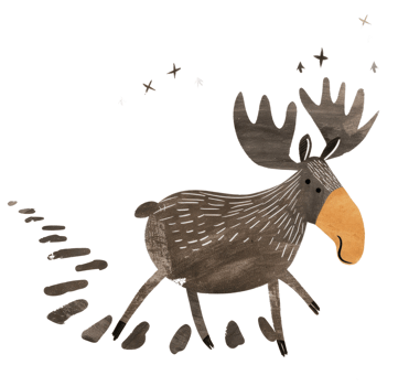 A cartoon moose is walking along a set of footprints png