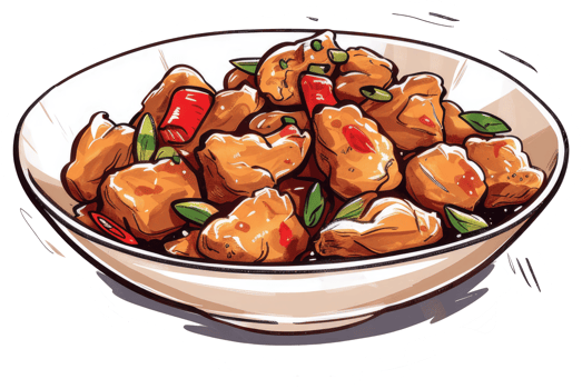 Delicious asian food served in a white bowl with garnishes png