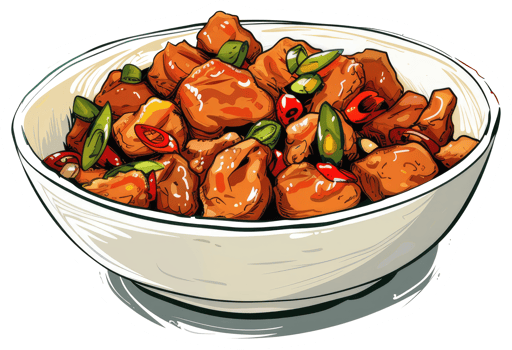 A bowl of cooked chicken with chili peppers and herbs png
