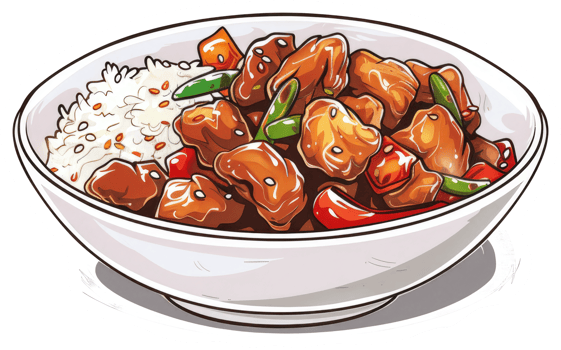 A decorative bowl containing rice and cooked meat and vegetables png