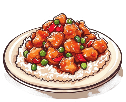 A delicious serving of sweet and sour chicken over rice png