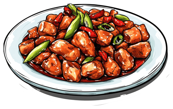 An artistic illustration of a delicious cooked food presentation on a plate png
