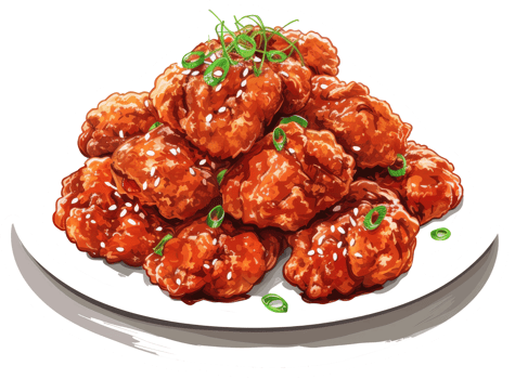 Delicious and crispy fried chicken pieces on a white plate png