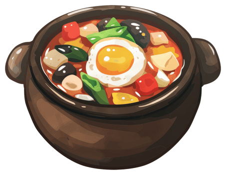 A flavorful stew with vegetables and a fried egg in a pot png
