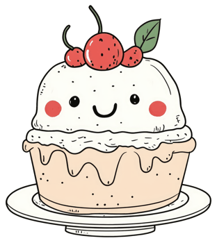 A cute smiling cupcake decorated with cherries and a green leaf png