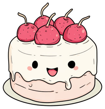 A smiling dessert cake decorated with delicious red cherries on top png