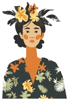 A stylized illustration depicts a woman with floral crown and dress png