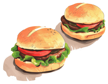 Two delicious burgers with fresh vegetables and buns are shown here png