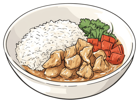 A colorful bowl of food containing rice chicken and vegetables png