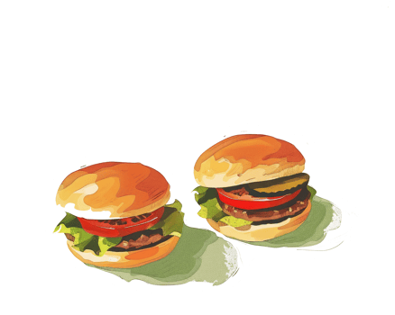 Two artistic illustrations of delicious burgers with various toppings are shown png