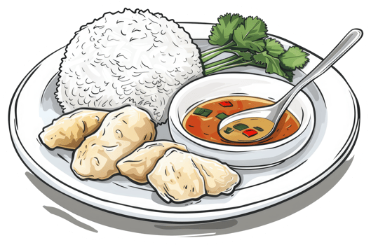 A plate of rice dumplings sauce and herbs for eating png