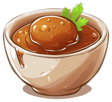 A bowl of savory soup with a large meatball inside it png