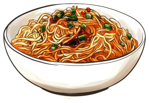 A white bowl filled with cooked noodles and sauce png