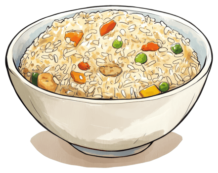 A ceramic bowl filled with flavorful fried rice and vegetables png