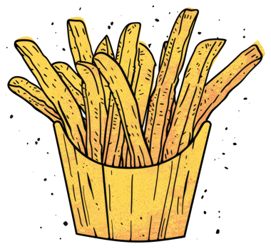 A drawing of french fries in a yellow carton container png