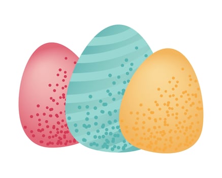Three large colorful Easter eggs in closeup view with decorative texture. Festive holiday design. Easter celebration and springtime holidays. vector
