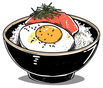 A bowl of rice with egg and salmon with garnish png