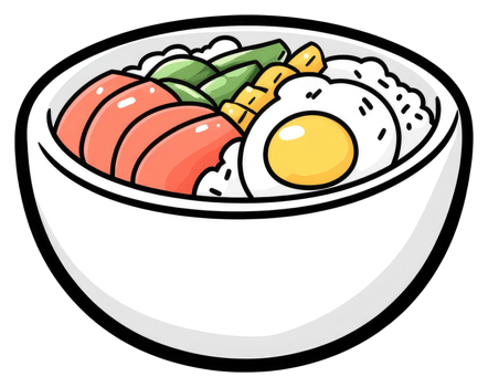 A cartoon illustration of a bowl of food and ingredients png