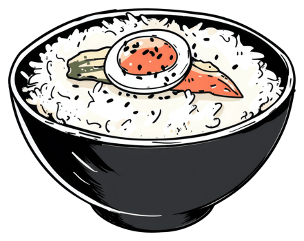 A Black Bowl Holding Rice With Egg And Vegetables On Top png