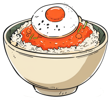 Delicious cartoon depiction of rice with a fried egg on top png