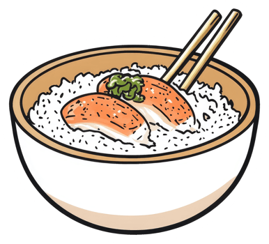 A bowl of rice topped with sushi and chopsticks png