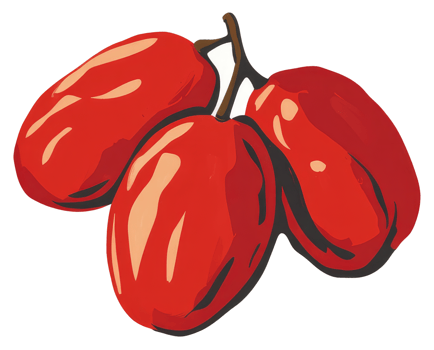 Three red oblong fruits are attached to a small stem png