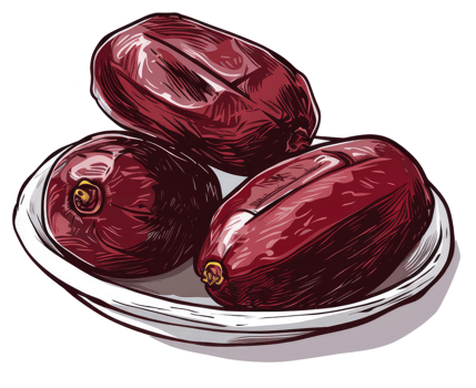 Three Dates Presented on a White Shallow Ceramic Dish png