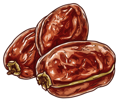Three Dates Displayed with Brown Shiny Skins and Green Stems png