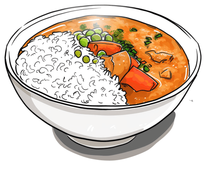 A bowl of rice topped with curry and vegetables is illustrated png