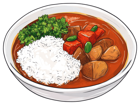 A bowl of rice with curry stew and green garnish on top png