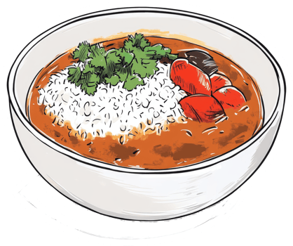A stylized drawing of a bowl of food with ingredients png
