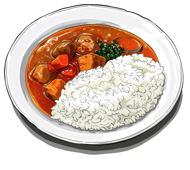 A cartoon illustration of a plate with food and rice png