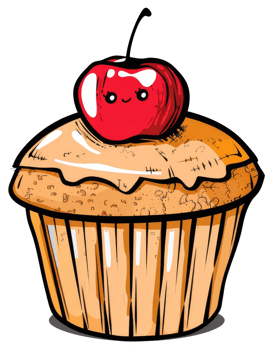 A cute cartoon cupcake with a happy smiling cherry on top png