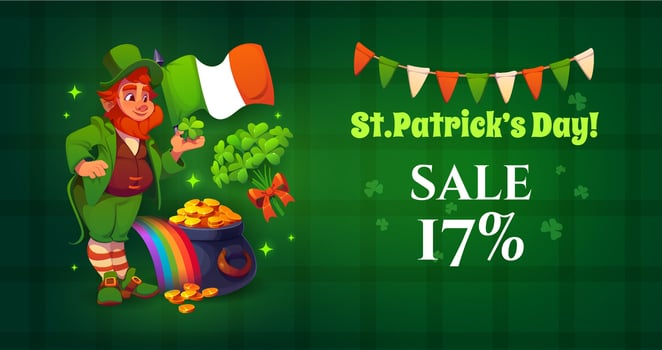 St Patrick sale banner with cheerful leprechaun vector