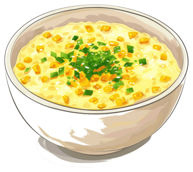 A bowl of creamy corn porridge topped with green herbs png