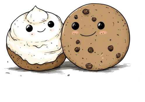 Two baked desserts with happy faces and chocolate chips depicted png