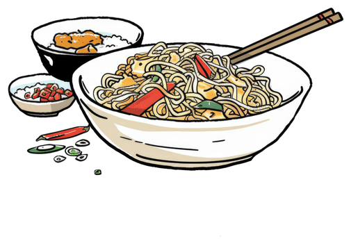 A colorful illustration showing noodle bowls with chopsticks and other foods png