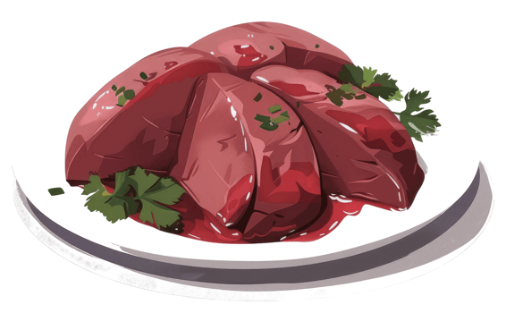 Sliced raw meat arranged on a white plate with garnish png