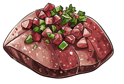 Cooked food is topped with diced vegetables and fresh herbs png