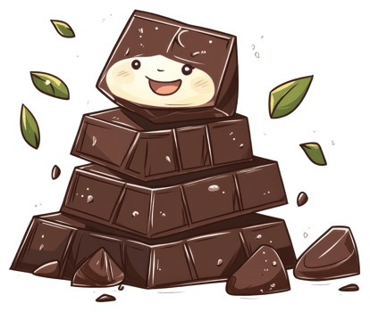 Cute smiling chocolate bar cartoon character with stacked sections and leaves png
